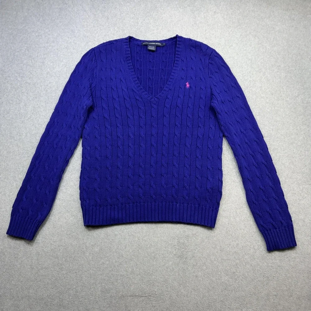 Ralph Lauren Sport Sweater Womens XL Blue Cotton Cable Knit V Neck Pullover
